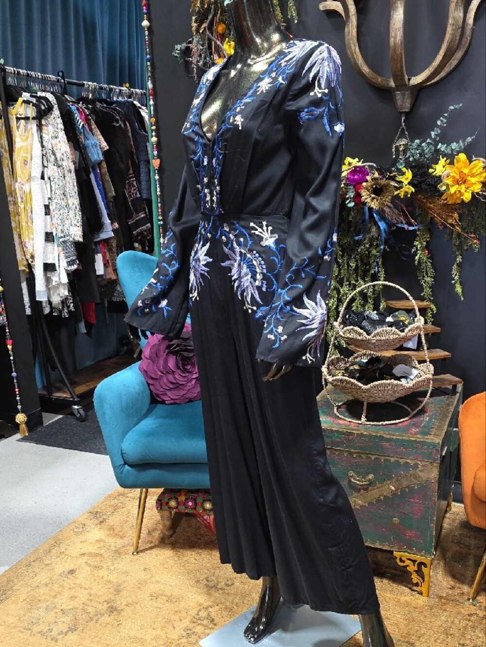 Free People Black Jumpsuit with Blue Floral Embroidery - Picture 9 of 15
